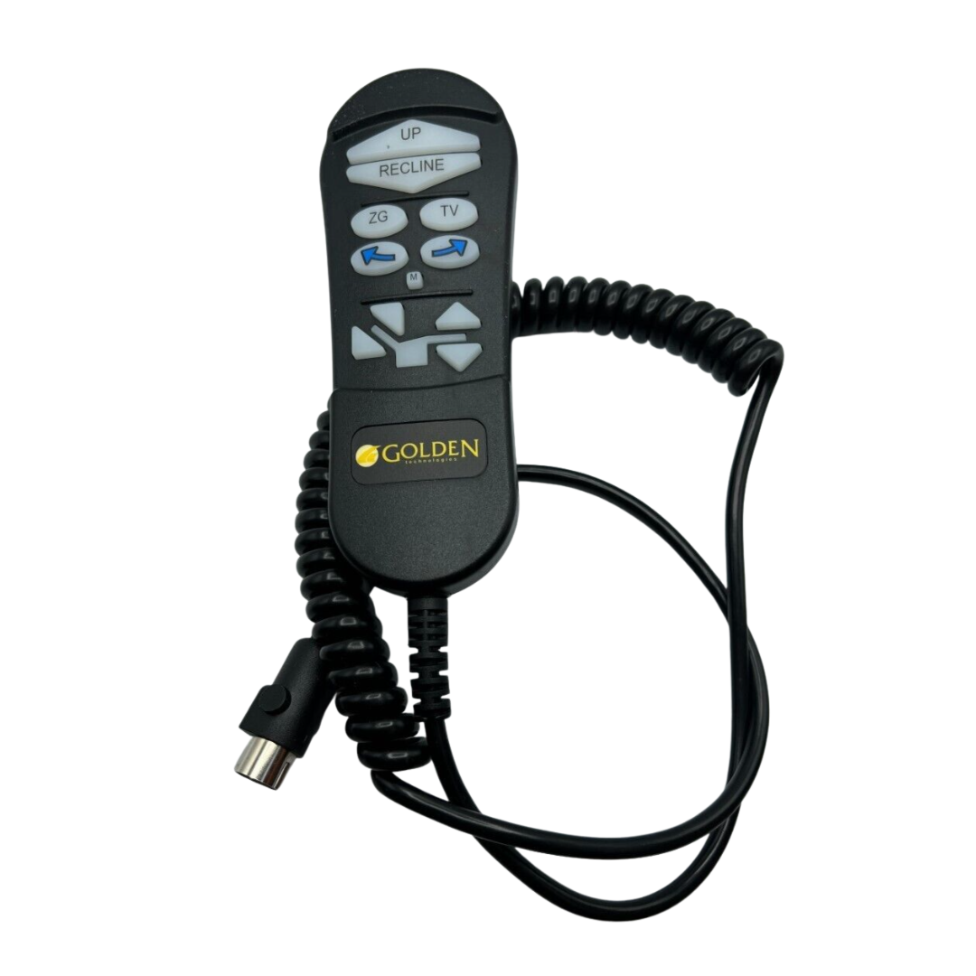 The Golden Technologies Lift Chair Remote Replacement is a black handheld remote with a coiled cord, labeled buttons, and the Golden logo, designed for adjusting your recliner chair.
