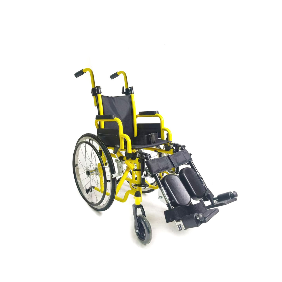 The Ziggo Transit Plus Pediatric Reclining Wheelchair is shown in yellow and black with extended footrests, large rear wheels, and small front caster wheels against a white background—ideal for your product specifications or spec tables.