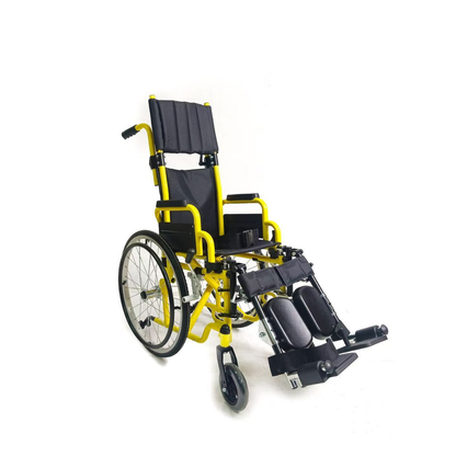 The Ziggo Transit Plus Pediatric Reclining Wheelchair, in yellow and black with elevated leg supports, padded seat, and armrests, is shown angled on a white background—perfect for spec-table wrap or product specification display.