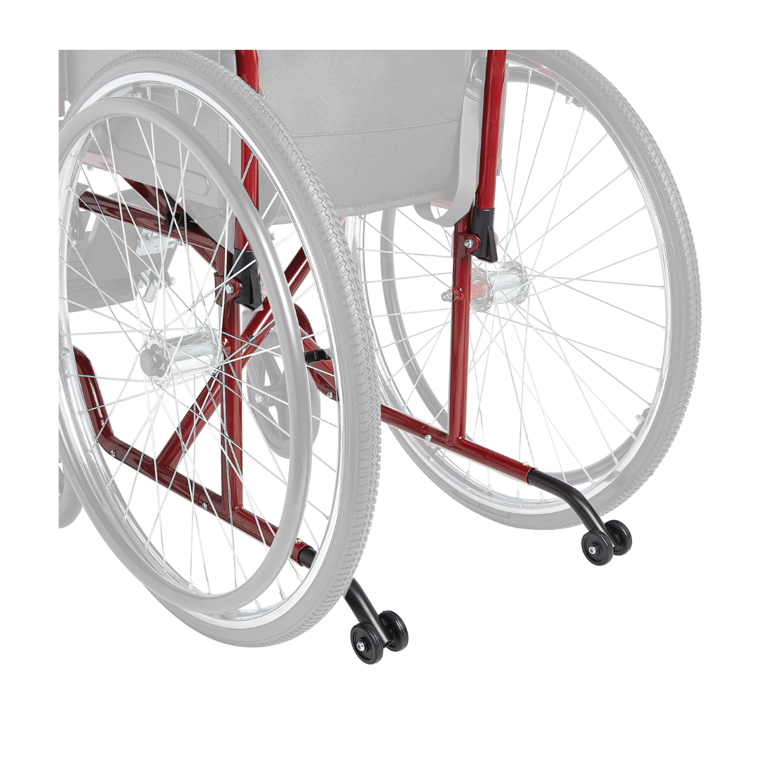 Close-up of Circle Specialty ZIGGO Wheelchair Accessories: anti-tip wheels attached to the red wheelchair frame with white tires, designed to prevent tipping backward.