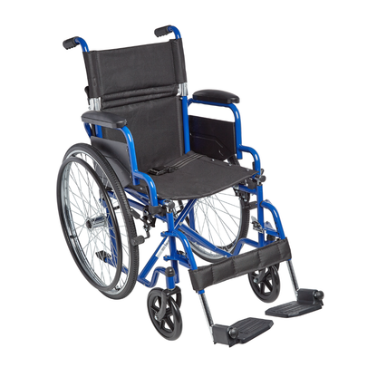 The Circle Specialty ZIGGO Pediatric Wheelchair is a blue lightweight chair with black seat and backrest, armrests, large rear wheels, small front wheels, and footrests, pictured against a white background.