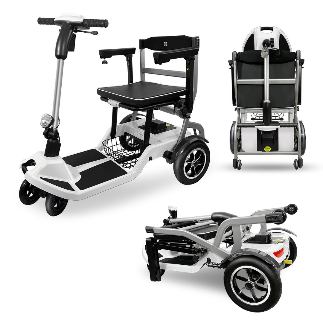 Three views of the ZiiRobot R3b Ultra Lightweight Folding Mobility Scooter: one fully assembled, one folded upright, and one folded flat. It has three front wheels and two rear wheels for enhanced stability.