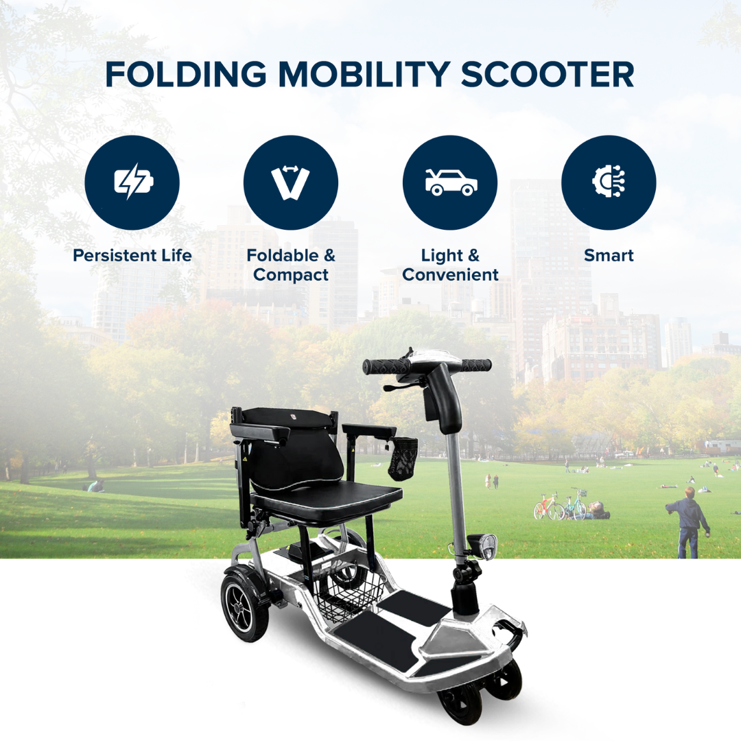 The ZiiRobot R3b Ultra Lightweight Folding Mobility Scooter is displayed in a park. Icons highlight its persistent battery life, foldable compact design, lightweight convenience, and advanced smart technology.
