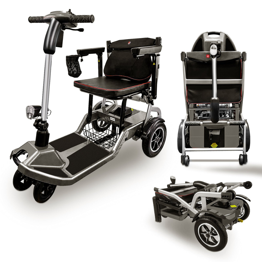 Three views of the ZiiRobot R3b Ultra Lightweight Folding Mobility Scooter: one assembled, one showing the rear, and one fully folded. Features include a seat, armrests, and basket for convenient transport or storage.