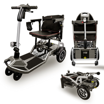 Three views of the ZiiRobot R3b Ultra Lightweight Folding Mobility Scooter: one assembled, one showing the rear, and one fully folded. Features include a seat, armrests, and basket for convenient transport or storage.