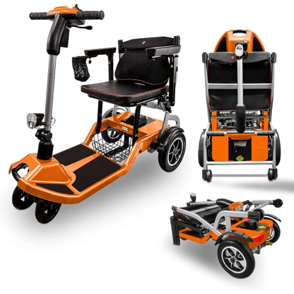 A compact orange ZiiRobot R3b Ultra Lightweight Folding Mobility Scooter is shown in three positions: ready to ride, folded upright, and fully collapsed. It has three wheels, a seat, and a storage basket.