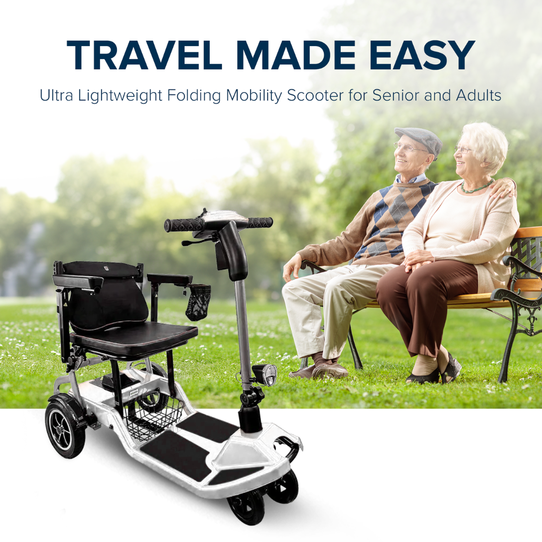 An elderly man and woman smile on a park bench behind a ZiiRobot R3b Ultra Lightweight Folding Mobility Scooter. Text above reads: Travel Made Easy – Ultra Lightweight Folding Mobility Scooter for Seniors and Adults.