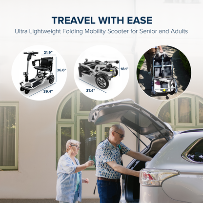 An elderly couple loads a folded ZiiRobot R3b Ultra Lightweight Folding Mobility Scooter into a car trunk. Above are its unfolded and folded dimensions and images. Text reads: Travel With Ease. Perfect for seniors and adults—experience the ZiiRobot R3b difference.