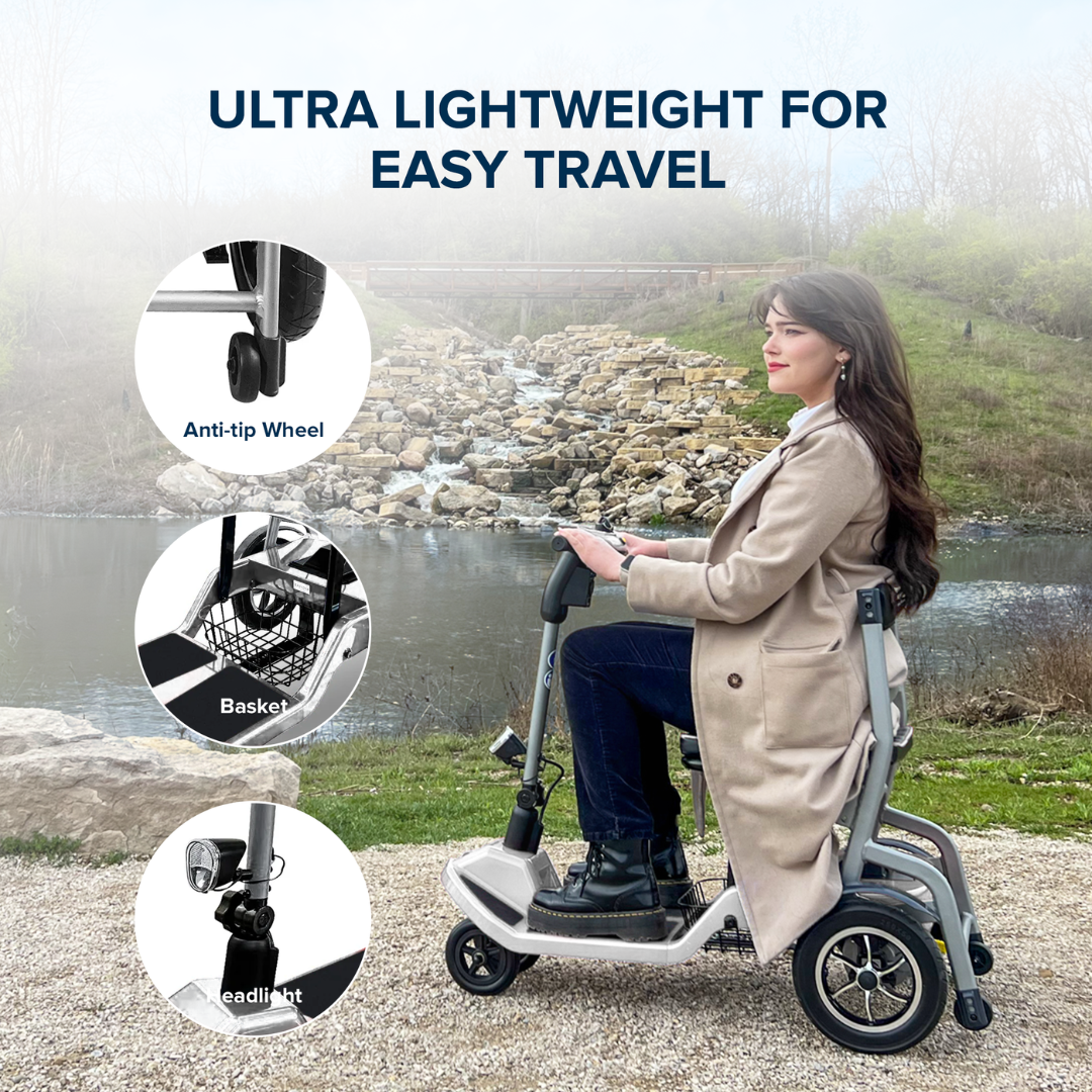 A woman sits on a ZiiRobot R3b Ultra Lightweight Folding Mobility Scooter by a stream with text "Ultra Lightweight for Easy Travel." Insets highlight features: anti-tip wheel, basket, and headlight.