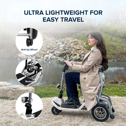A woman sits on a ZiiRobot R3b Ultra Lightweight Folding Mobility Scooter by a stream with text "Ultra Lightweight for Easy Travel." Insets highlight features: anti-tip wheel, basket, and headlight.