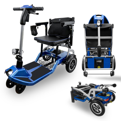 The ZiiRobot R3b Ultra Lightweight Folding Mobility Scooter is displayed in blue and black from three angles: front-left, rear, and fully folded. It features a seat, handlebars, a basket, and three wheels for convenient transport or storage.