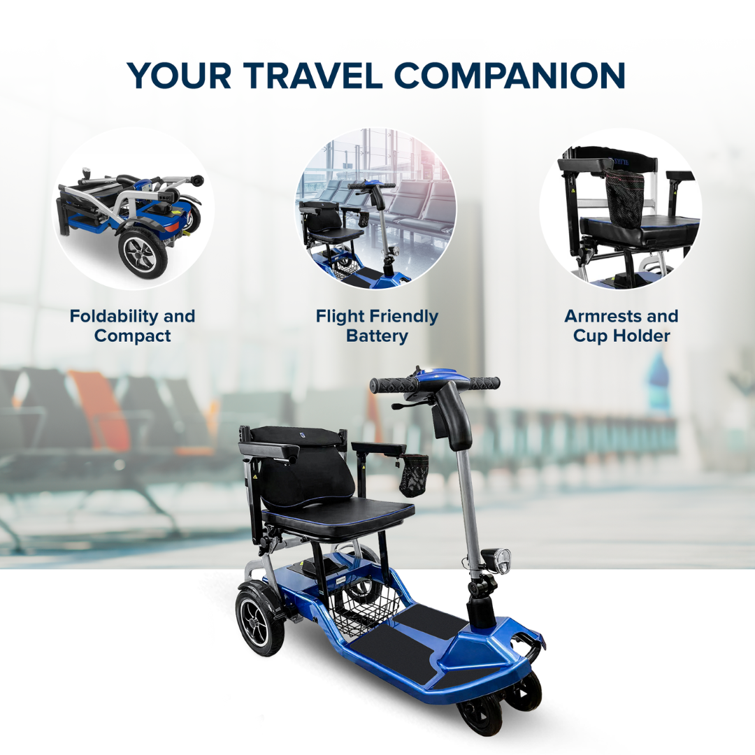 A ZiiRobot R3b Ultra Lightweight Folding Mobility Scooter is displayed in an airport, highlighting its compact, foldable design, flight-friendly battery, and armrests with a cup holder.