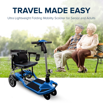 An elderly couple smiles on a park bench with a blue ZiiRobot R3b Ultra Lightweight Folding Mobility Scooter in the foreground. Text reads: Travel Made Easy.