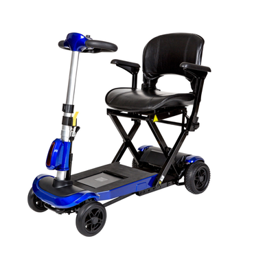 The Drive ZooMe Auto-Flex Folding Travel Scooter is a compact, auto-folding scooter with a black cushioned seat, armrests, and blue accents, designed for effortless transport and improved mobility.