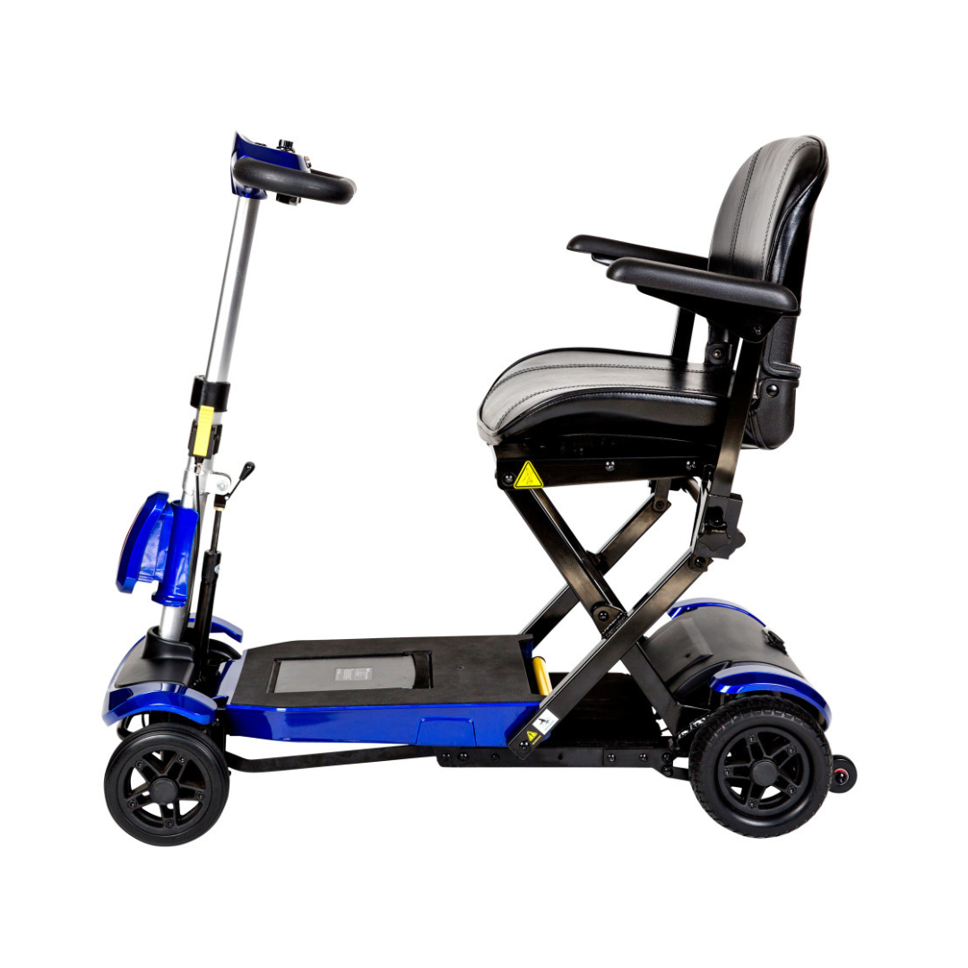 The Drive ZooMe Auto-Flex Folding Travel Scooter, shown from the side against a white background, features a blue and black design with a padded seat, armrests, and three wheels.