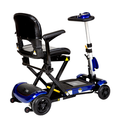 The Drive ZooMe Auto-Flex Folding Travel Scooter features automatic folding, a blue frame, black seat, and armrests—designed for easy personal transportation and compact storage.