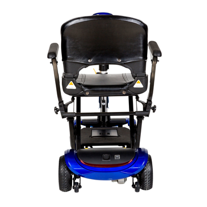 A rear view of the Drive ZooMe Auto-Flex Folding Travel Scooter in blue, featuring a black seat, armrests, visible wheels, backrest, and part of the base, isolated on a white background.