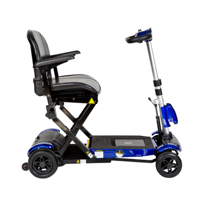 The Drive ZooMe Auto-Flex Folding Travel Scooter, in blue and black, features three wheels, a padded seat with armrests, and a handlebar; shown in profile view on a white background.