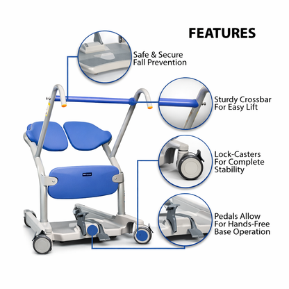 The ARJO Sara Stedy Manual Standing Aid & Sit-To-Stand Transfer Lift features a blue seat and backrest, sturdy crossbar, locking casters, and foot pedals to offer safe fall prevention and hands-free patient transfer.
