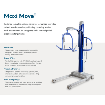 The ARJO Maxi Move Electric Floor Lifter & All-Purpose Patient Lift features arm attachments and wheels, offering versatile, stable vertical lifts, precise patient transfers, and a wide lifting range for caregiver safety and comfort.