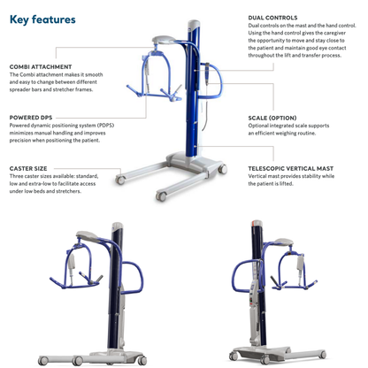 The ARJO Maxi Move Electric Floor Lifter & All-Purpose Patient Lift is shown from multiple angles, with callouts for its adjustable mast, sling bar, caster wheels, digital scale, and powered positioning—promoting caregiver safety.