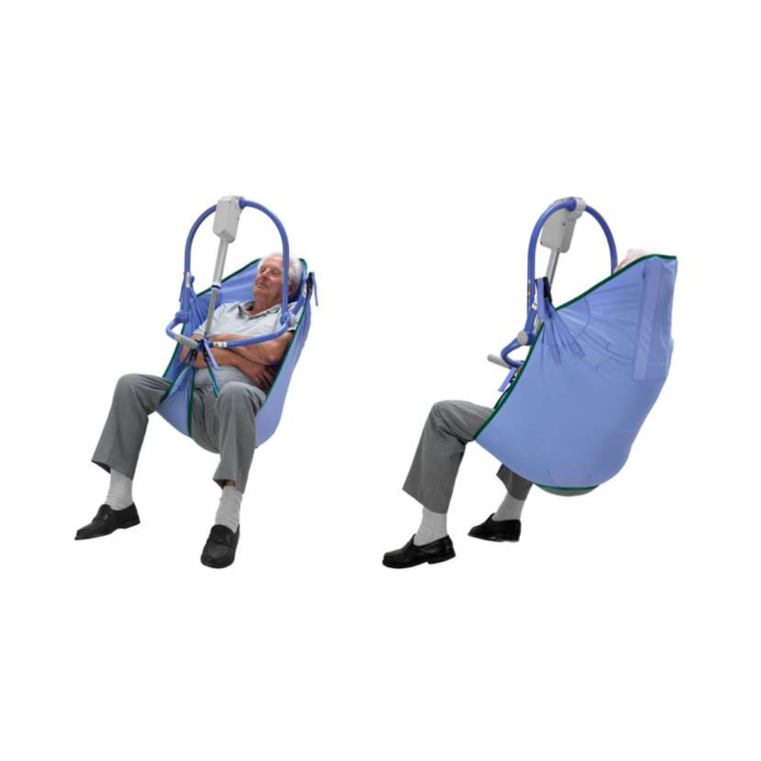 Two images show an elderly man in a blue ARJO 4-Point Spreader Sling, suspended by a lift, demonstrating how this sling assists with transferring individuals with limited mobility.
