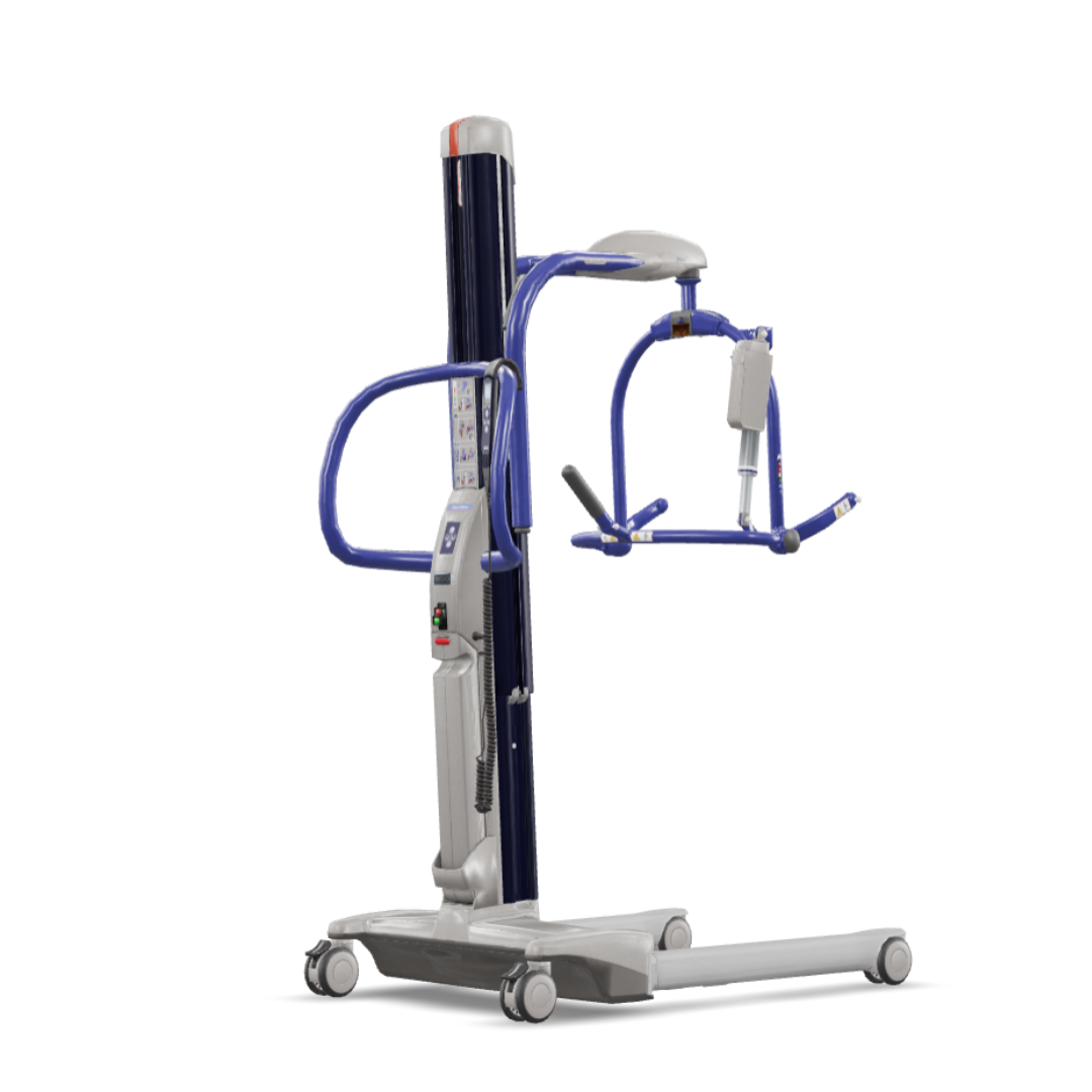 The ARJO Maxi Move Electric Floor Lifter & All-Purpose Patient Lift features a sturdy base, caster wheels, an upright support column, and a blue lifting arm designed to assist with safe patient transfers.