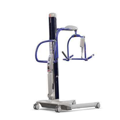 The ARJO Maxi Move Electric Floor Lifter & All-Purpose Patient Lift features a sturdy base, caster wheels, an upright support column, and a blue lifting arm designed to assist with safe patient transfers.