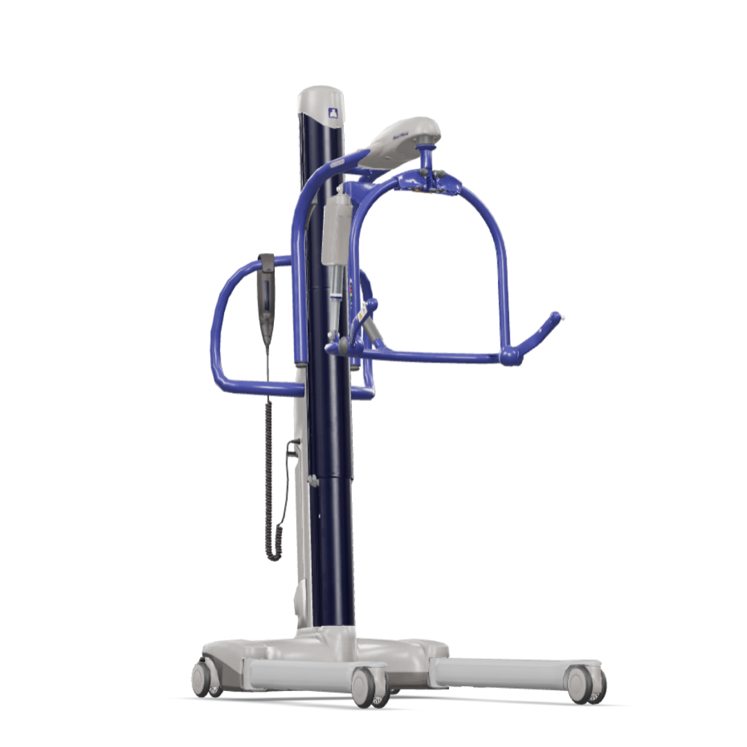The ARJO Maxi Move Electric Floor Lifter & All-Purpose Patient Lift is a blue and white lift with a sturdy base, wheels, overhead lifting arm, and handheld control for safe and easy patient transfers.