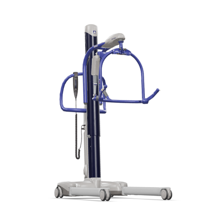 The ARJO Maxi Move Electric Floor Lifter & All-Purpose Patient Lift is a blue and white lift with a sturdy base, wheels, overhead lifting arm, and handheld control for safe and easy patient transfers.