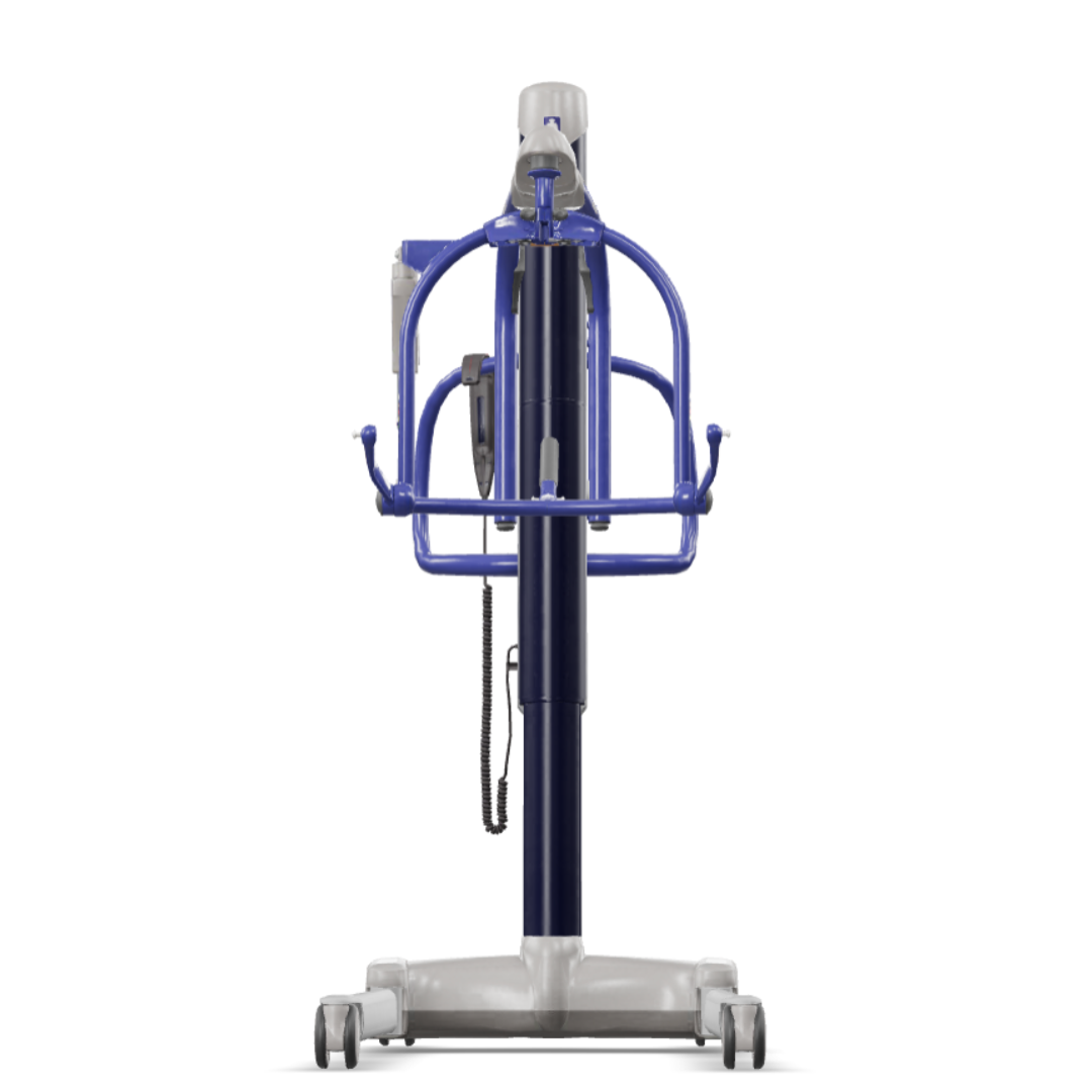 The ARJO Maxi Move Electric Floor Lifter & All-Purpose Patient Lift is shown front-facing in blue and white with wheels, curved handles, a control panel, and hanging cord, designed for efficient patient transfer against a white background.