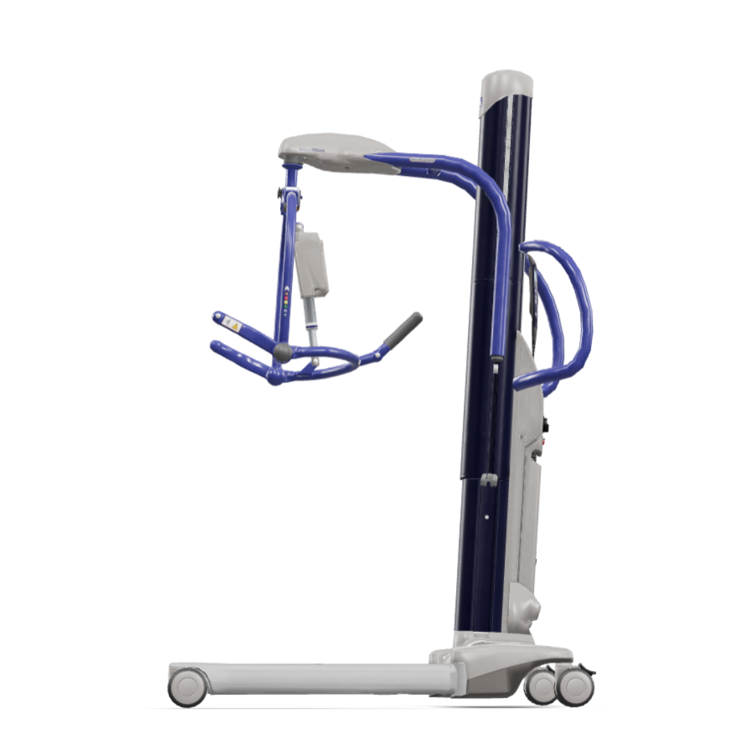 The ARJO Maxi Move Electric Floor Lifter & All-Purpose Patient Lift features a sturdy base, blue and gray frame, and padded handles for safe transfer and lifting of individuals with mobility challenges.