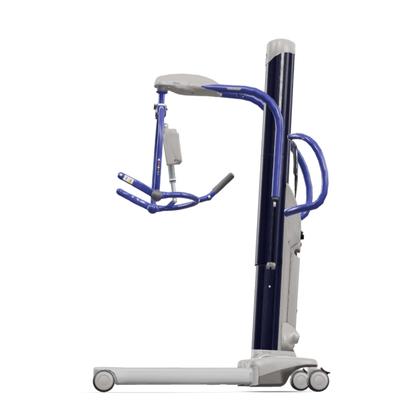 The ARJO Maxi Move Electric Floor Lifter & All-Purpose Patient Lift features a sturdy base, blue and gray frame, and padded handles for safe transfer and lifting of individuals with mobility challenges.