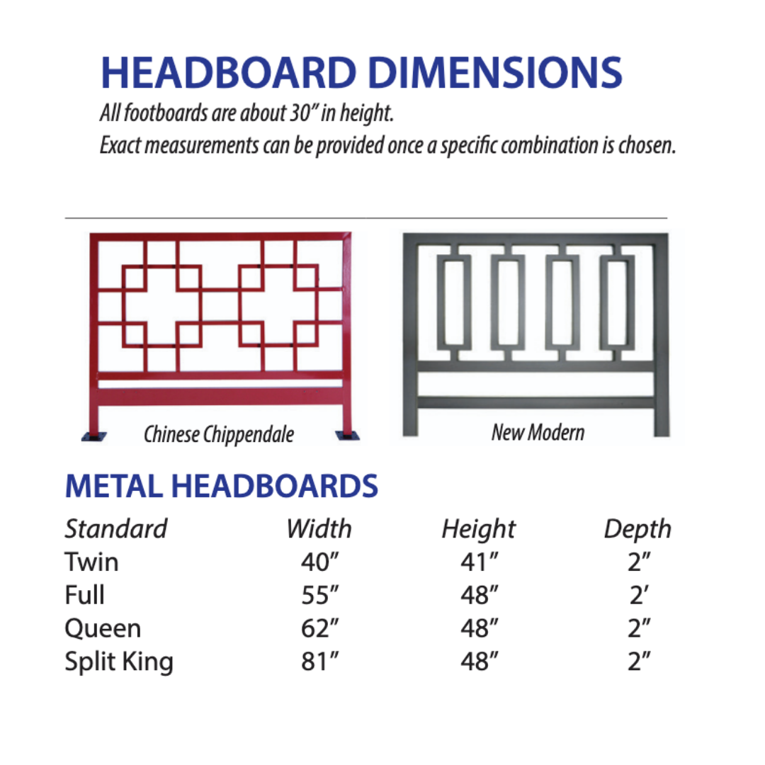 Two metal headboards are shown: a red Chinese Chippendale with a geometric pattern and a black New Modern. Below are bed size dimensions for Twin, Full, Queen, and Split King fitting Assured Comfort® Signature Series Hi-Low Adjustable Beds.