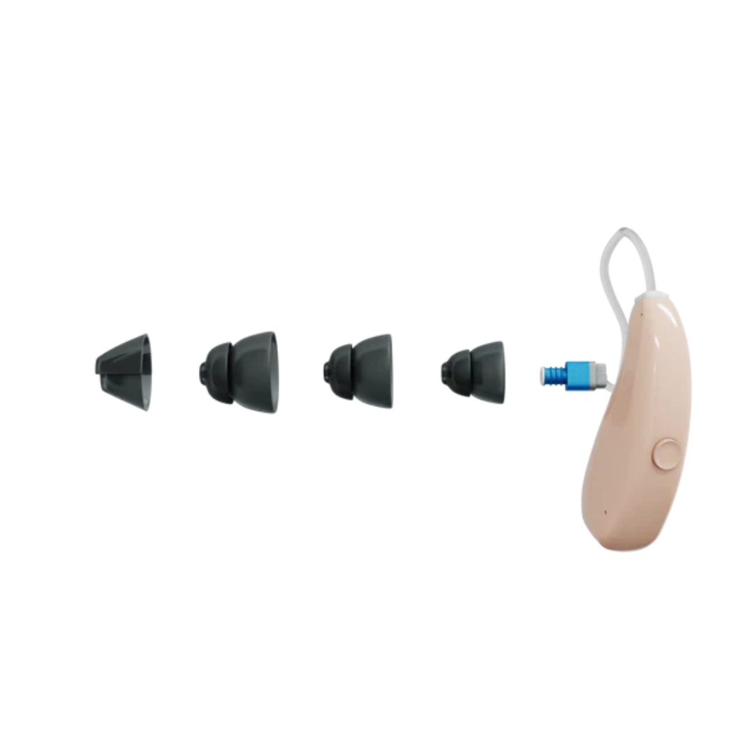 The Audien Hearing ION Pro Over-The-Ear High Def Hearing Aid in beige with an A2™ MAX Chip is displayed next to four black, differently sized ear tips on a white background, showcasing adjustable hearing modes.