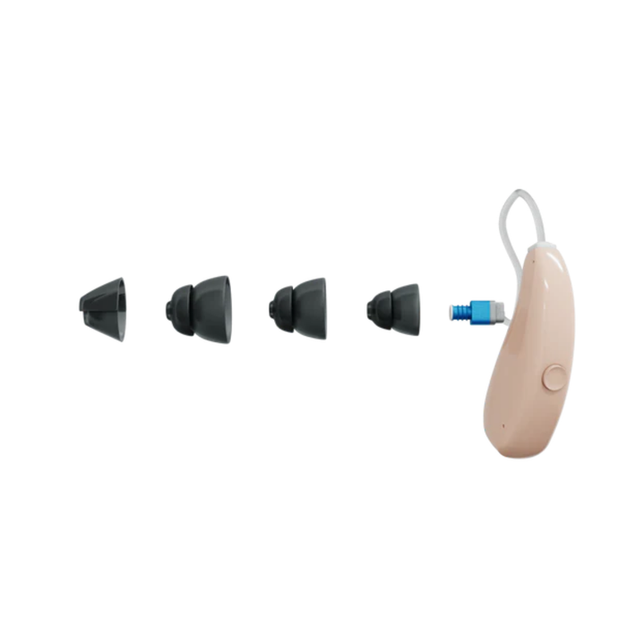 The Audien Hearing ION Pro Over-The-Ear High Def Hearing Aid in beige with an A2™ MAX Chip is displayed next to four black, differently sized ear tips on a white background, showcasing adjustable hearing modes.