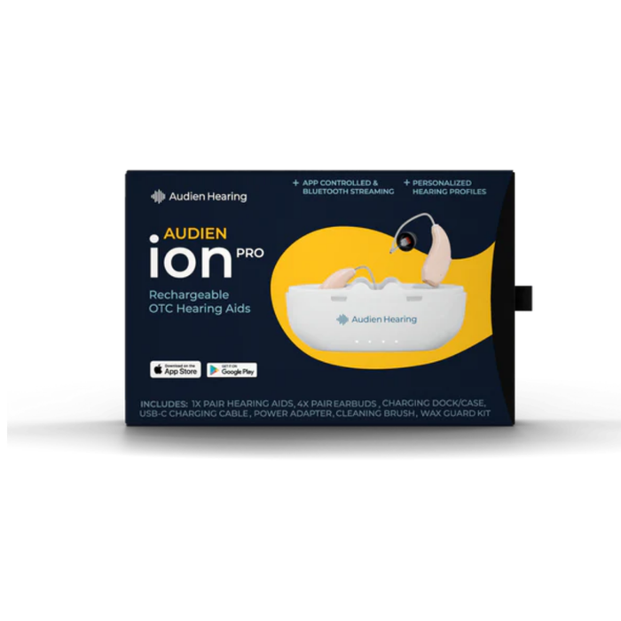 Packaging for Audien Hearing ION Pro Over-The-Ear High Def Hearing Aids shows the devices, app control icons, and accessories at the bottom. Features include the advanced A2™ MAX Chip and adjustable hearing modes.