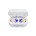 A white Audien Hearing Atom Pro 2 In-Ear OTC Hearing Aids case with the lid open displays two beige hearing aids lit by blue light. The case has the Audien logo, three front indicator lights, and advanced hearing modes powered by the A2™ chip.