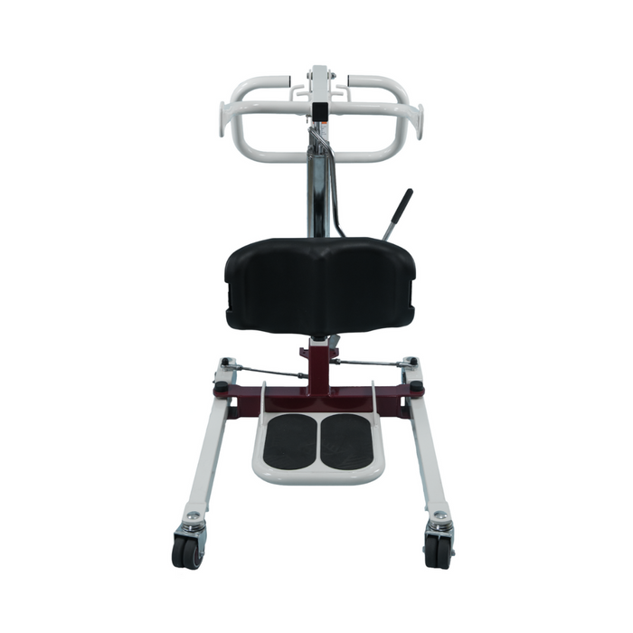 The Bestcare SA Series Sit-To-Stand Compact Hydraulic Patient Lift features a metal frame in white and red, a black seat, footrests on a wheeled base, and support handles. Designed to assist with standing or moving safely, its Medicare reimbursable for added convenience.