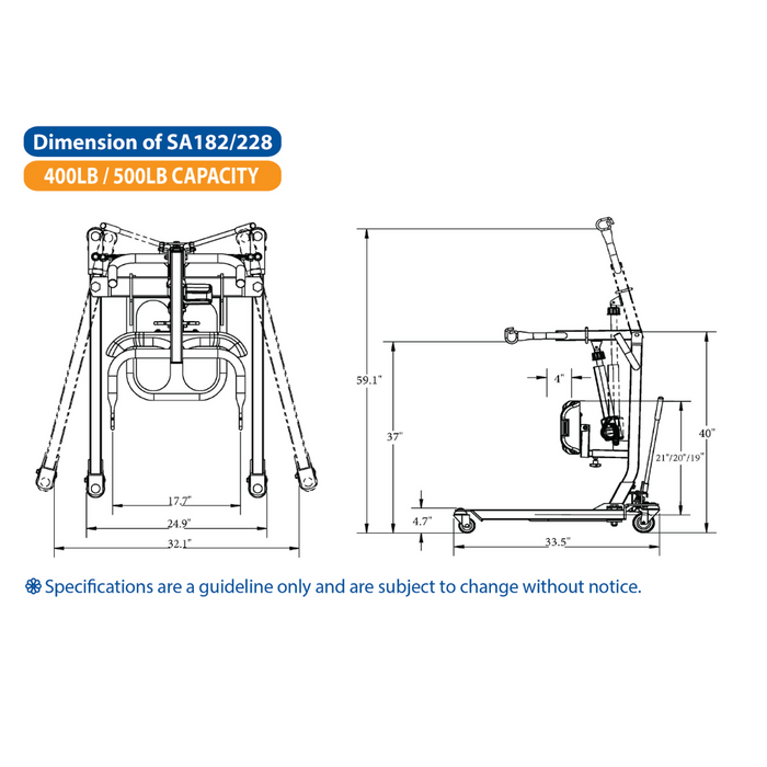 Technical diagram for the Bestcare SA Series Sit-To-Stand Compact Hydraulic Patient Lift, showcasing front and side views. Dimensions and specifications are indicated, with a capacity of 400lb/500lb. Specifications are subject to change. Some models may be eligible for Medicare reimbursement.