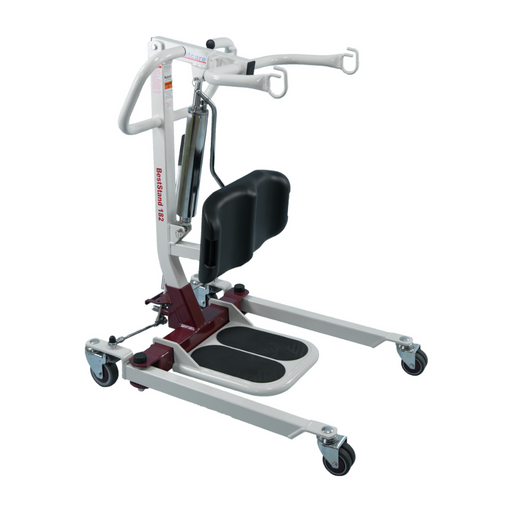 The Bestcare SA Series Sit-To-Stand Compact Hydraulic Patient Lift is a Medicare reimbursable mobility lift with a sturdy frame, ergonomic handles, foot pads, soft padding for support, and four wheels for easy maneuverability. Its ideal for sit-to-stand lifts in patient transfers.