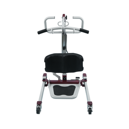 The Bestcare SA Series Sit-To-Stand Compact Hydraulic Patient Lift is a mobility aid with wheels and handlebars that helps with standing and patient transfers. It has a padded seat, adjustable components, assists those with limited mobility, and qualifies for Medicare reimbursement.