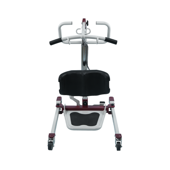 The Bestcare SA Series Sit-To-Stand Compact Hydraulic Patient Lift is a mobility aid with wheels and handlebars that helps with standing and patient transfers. It has a padded seat, adjustable components, assists those with limited mobility, and qualifies for Medicare reimbursement.