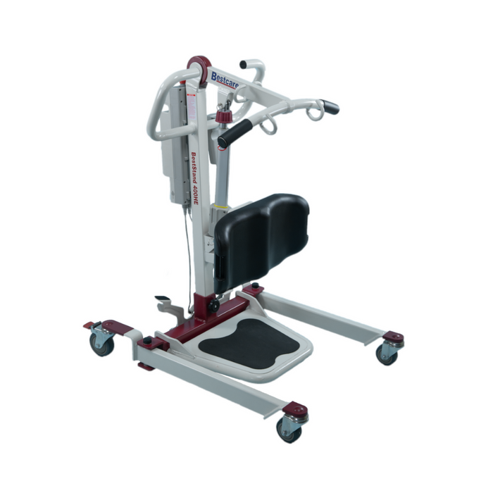 The Bestcare BestStand™ SA400H/HE Mini Sit-To-Stand Patient Lift offers mobility assistance with sit-to-stand transfers, handles, footrest, adjustable knee pad, and a 400lb capacity. Its white and maroon frame has wheels for easy maneuverability.