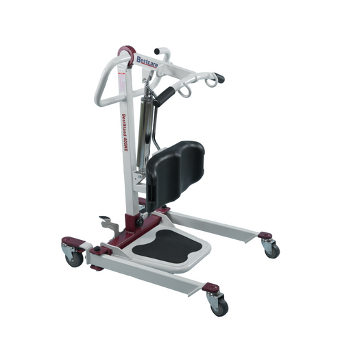 The Bestcare BestStand™ SA400H/HE Mini Sit-To-Stand Patient Lift is a mobility aid with a metallic frame, adjustable knee pads, caster wheels for easy movement, and a handlebar grip. It supports sit-to-stand transfers and assists users with a 400lb capacity.