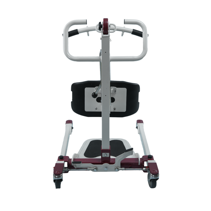 The Bestcare BestStand™ SA400H/HE is a mobility device with handles and a padded seat on a wheeled frame in red and white, designed for users with limited mobility. It supports up to 400 lb, ensuring smooth and safe sit-to-stand transfers.