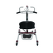 A front view of the Bestcare BestStand™ SA400H/HE Mini Sit-To-Stand Patient Lift shows a 400lb capacity aid with seat, handlebars, wheels, and sturdy frame. It features an adjustable knee pad for comfortable sit-to-stand transfers and is designed in white with black and burgundy accents.