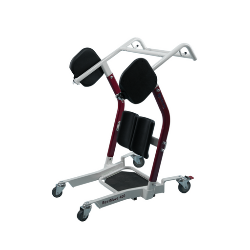 The Bestcare STA400 Standing Transfer Aid features a red and silver design with padded support and wheels, providing caregiver efficiency and patient safety through its sturdy frame for secure mobility assistance.