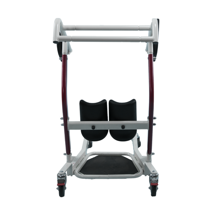 The Bestcare STA400 Standing Transfer Aid boasts a white frame, black padding, and red handles. It features wheels for mobility and a standing support platform to enhance patient freedom and assist individuals with mobility challenges.