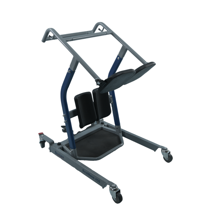 The image shows the Bestcare STA450 Standing Transfer Aid in blue and gray, featuring padded supports and a large swiveling base with wheels. It is designed for patient safety with adjustable handles and knee pads to assist individuals in standing transfers.